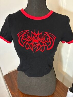 Dolls Kill Black Tee with Red Tribal Bat Graphic
